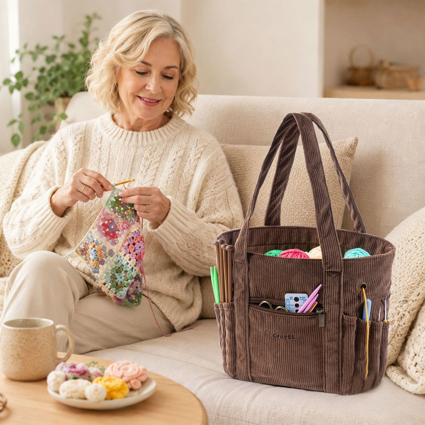 Crochet bag collection cover — warm editorial craft still life