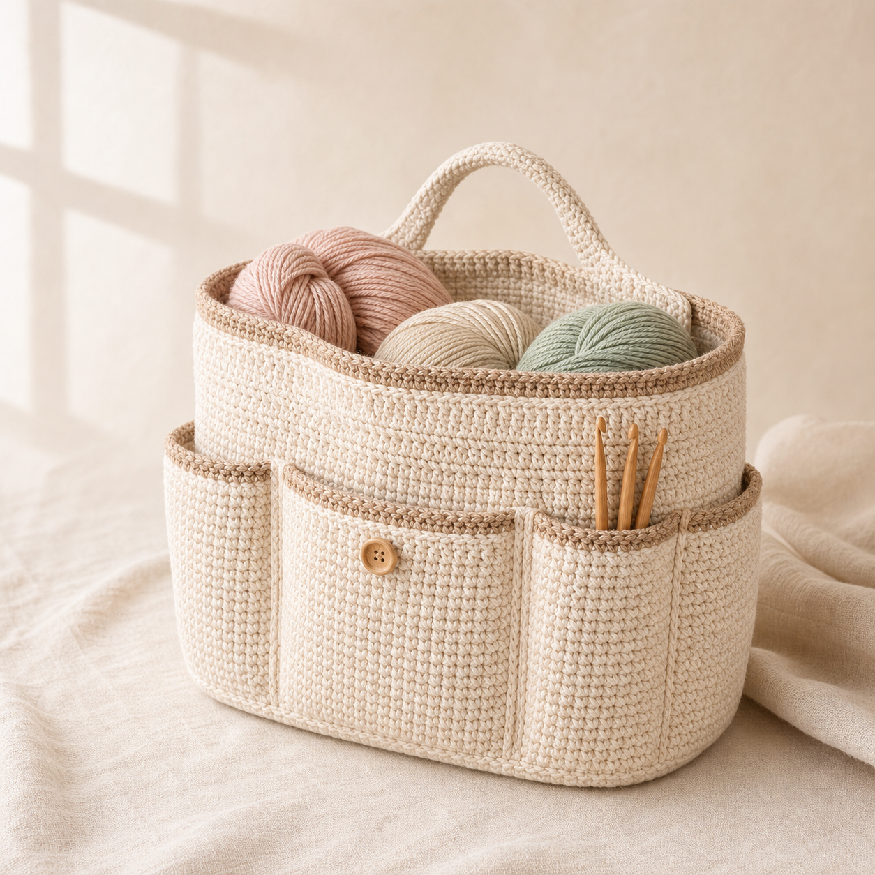 Crochet bag collection cover — warm editorial craft still life