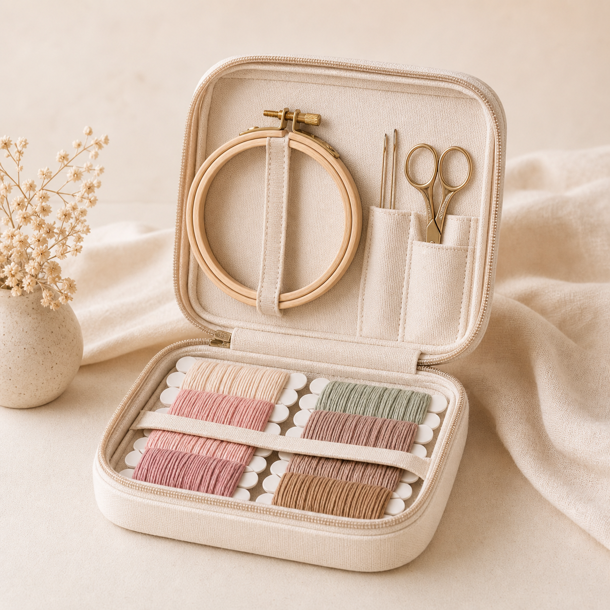 Embroidery Kit collection cover — warm editorial craft still life