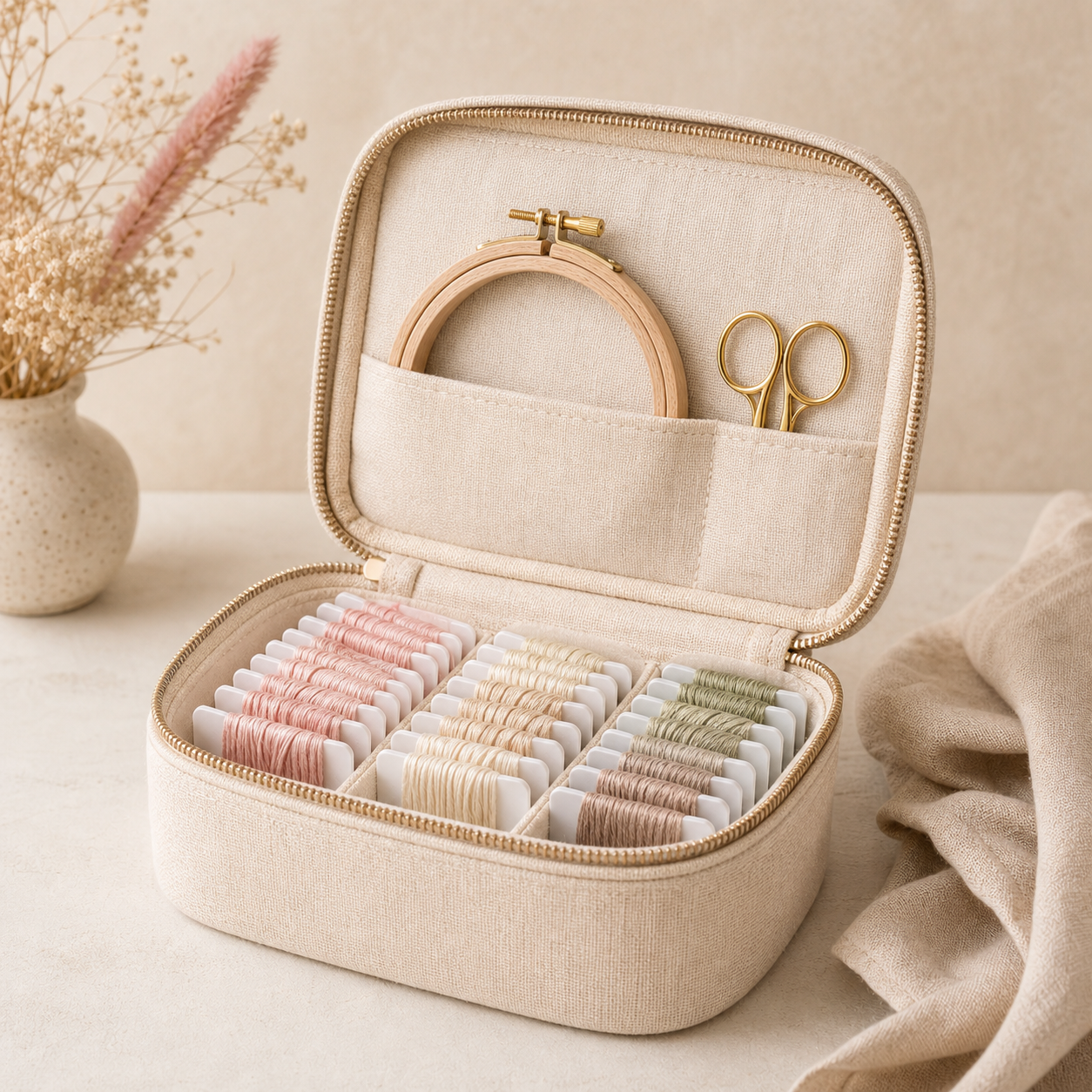 Embroidery storage collection cover — warm editorial craft still life