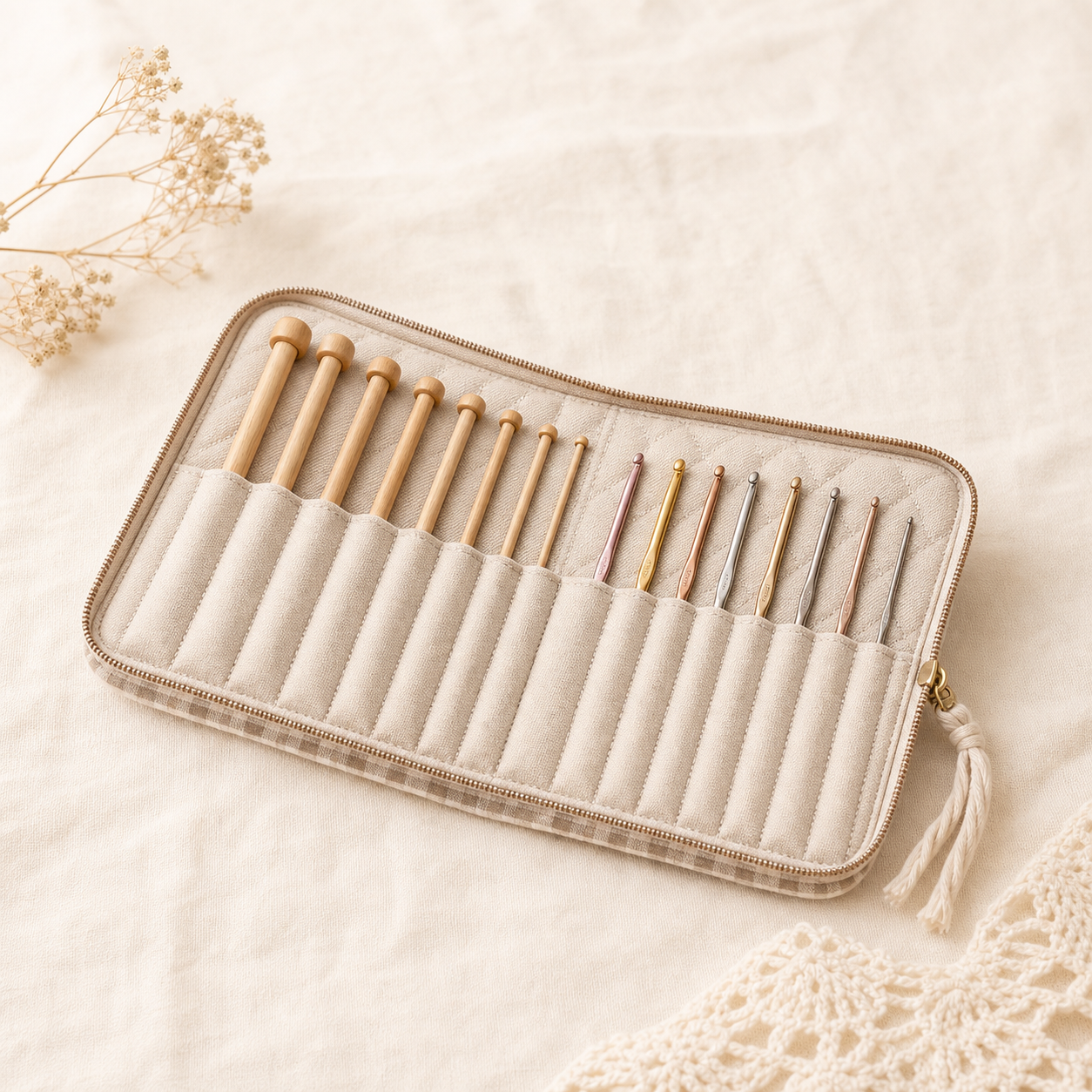 Knitting and Crochet needle case collection cover — warm editorial craft still life