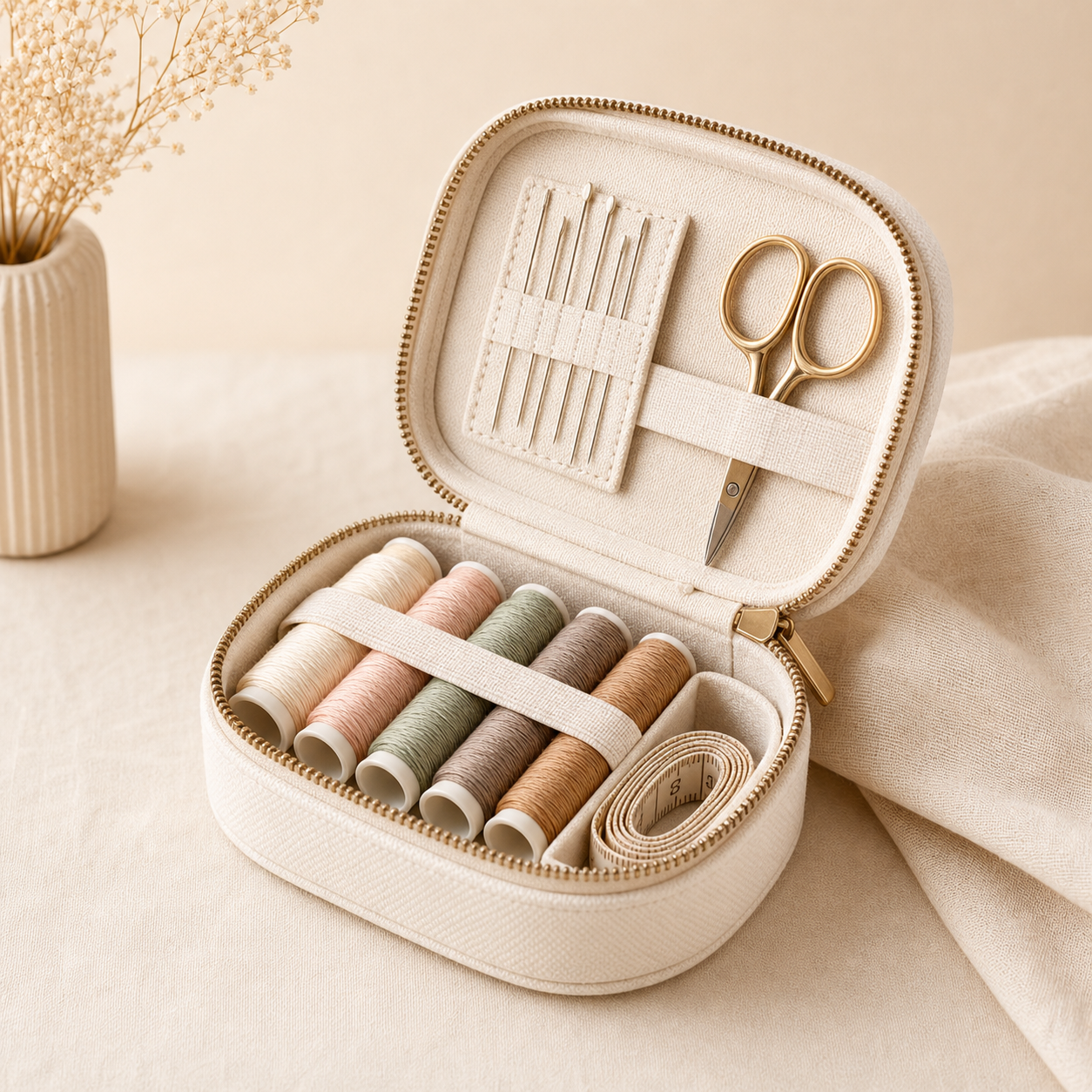 Sewing Kit collection cover — warm editorial craft still life