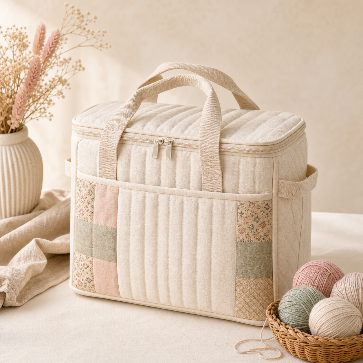 Sewing Machine Storage collection cover — warm editorial craft still life