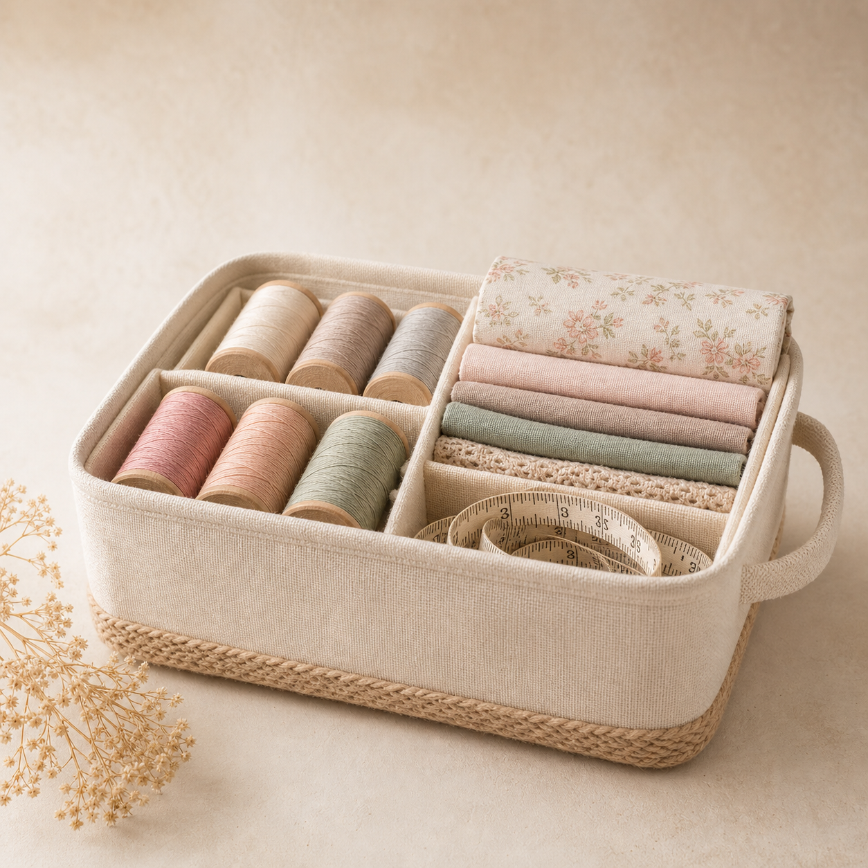Sewing storage collection cover — warm editorial craft still life