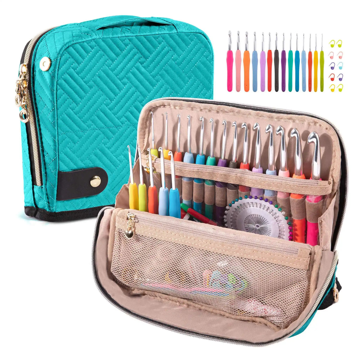 Crochet hook set arranged in an open storage case