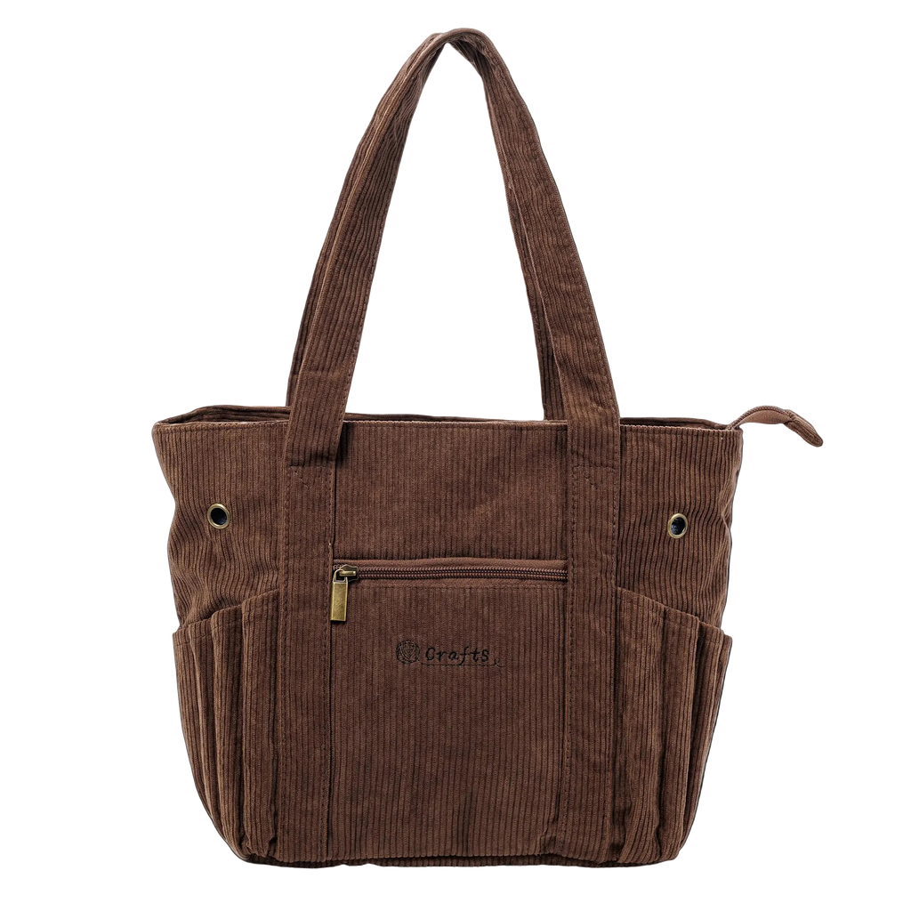 A brown corduroy tote bag with dual shoulder straps, a front zippered pocket, and side pockets, shown against a plain white background.