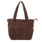 A brown corduroy tote bag with dual shoulder straps, a front zippered pocket, and side pockets, shown against a plain white background.