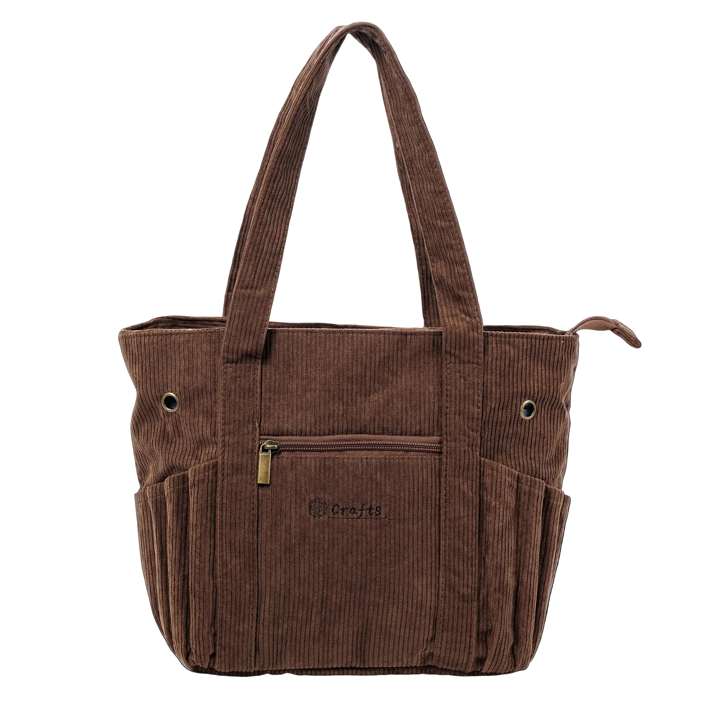 A brown corduroy tote bag with dual shoulder straps, a front zippered pocket, and side pockets, shown against a plain white background.