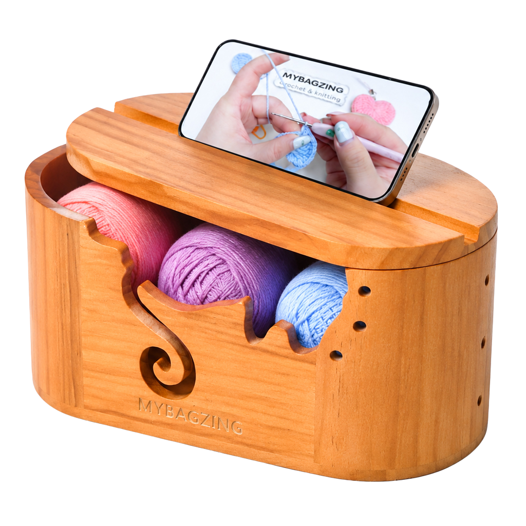 Wooden Yarn Bowl with Lid & Phone Stand