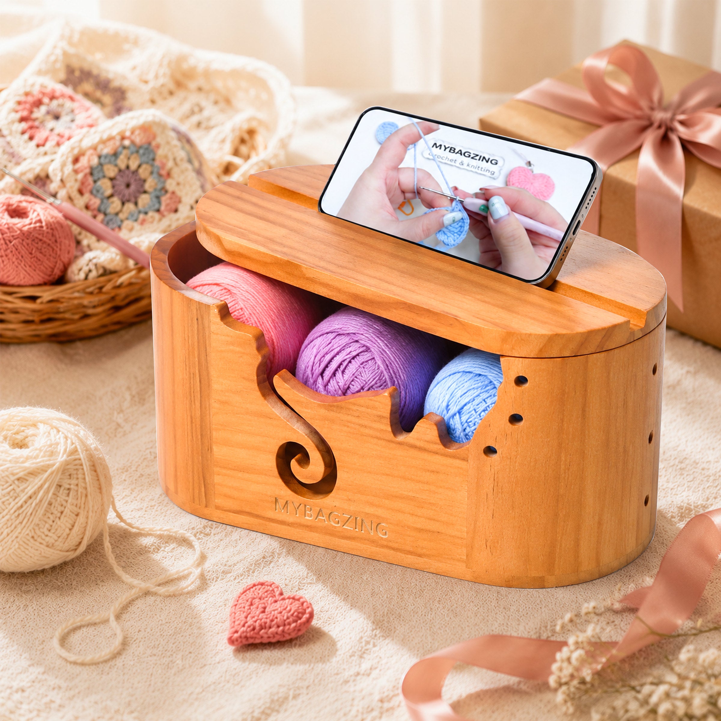 Wooden Yarn Bowl with Lid