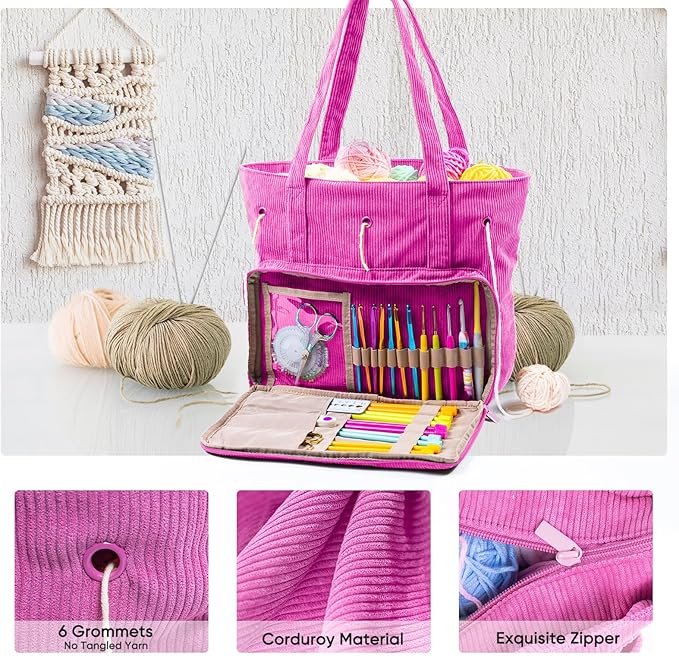 Large Corduroy Crochet Bag: Your Portable Yarn & Knitting Storage Solution.