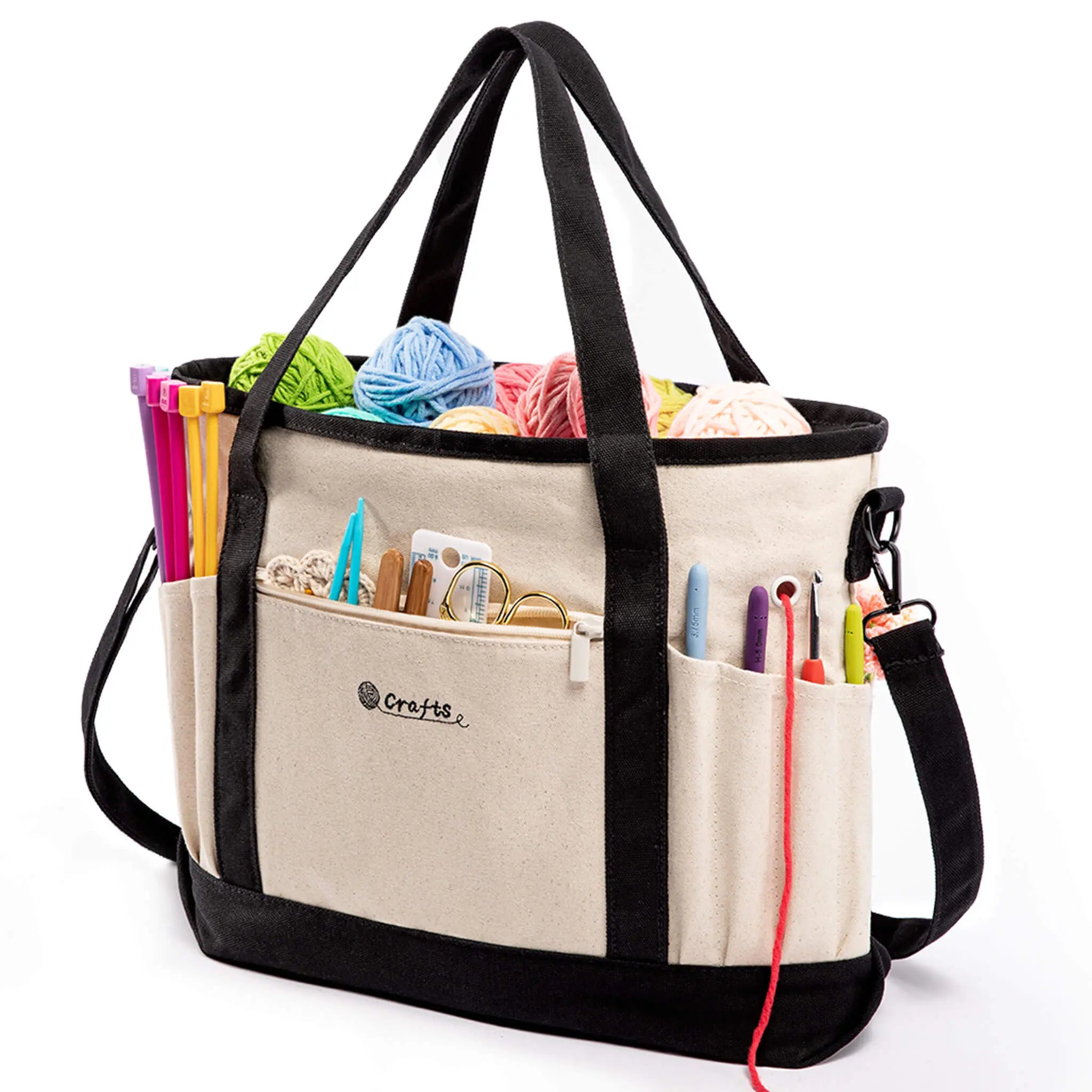 Canvas Crochet Project Bag & Knitting Yarn Organizer Black Medium Front View ZINGCRATER