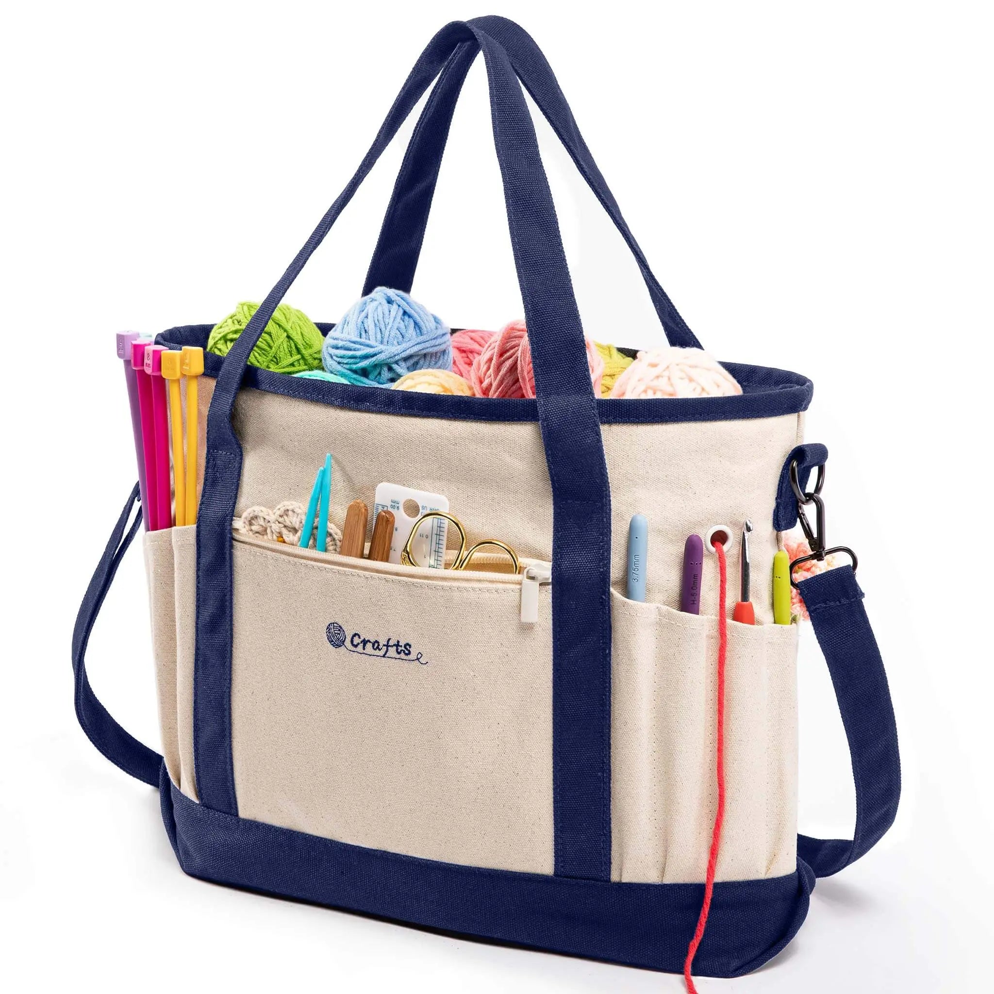 Canvas Crochet Project Bag & Knitting Yarn Organizer Navy Medium Front View ZINGCRATER