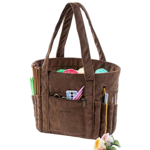 Corduroy Crochet Project Bag with Yarn Grommets