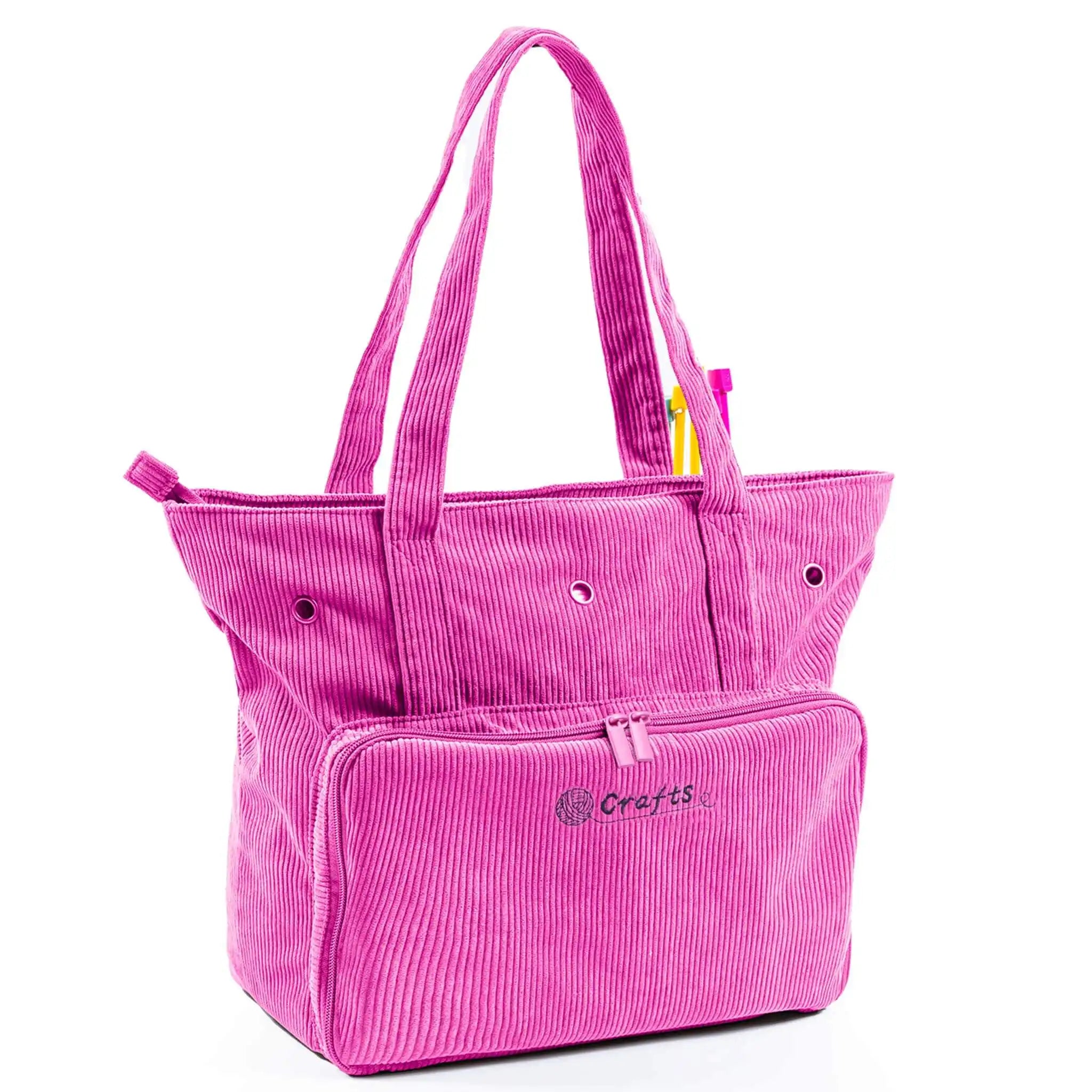 Corduroy Crochet Project Bag with Yarn Grommets Pink Front View Image ZINGCRATER