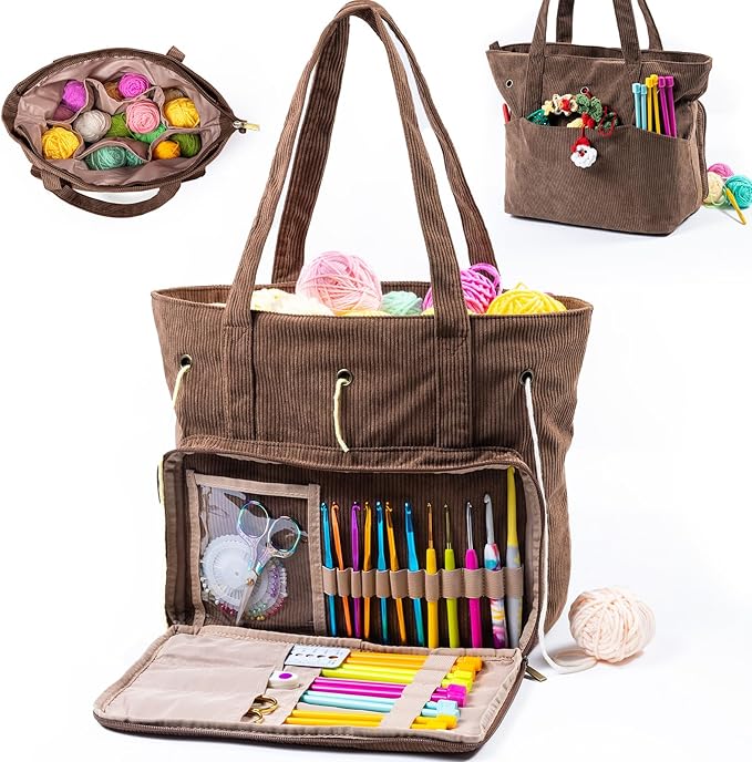 Large Corduroy Crochet Bag: Your Portable Yarn & Knitting Storage Solution.