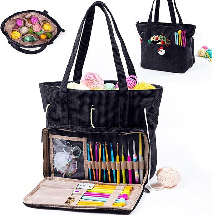 Large Corduroy Crochet Bag: Your Portable Yarn & Knitting Storage Solution.