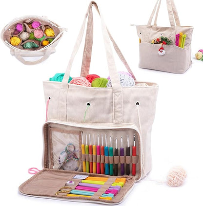 Large Corduroy Crochet Bag: Your Portable Yarn & Knitting Storage Solution.