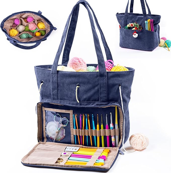 Large Corduroy Crochet Bag: Your Portable Yarn & Knitting Storage Solution.