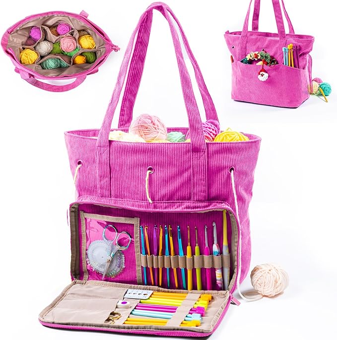 Large Corduroy Crochet Bag: Your Portable Yarn & Knitting Storage Solution.