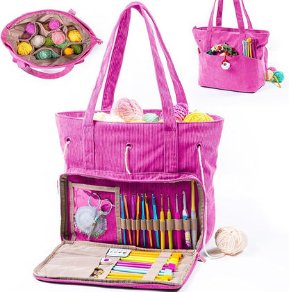 Large Corduroy Crochet Bag: Your Portable Yarn & Knitting Storage Solution.
