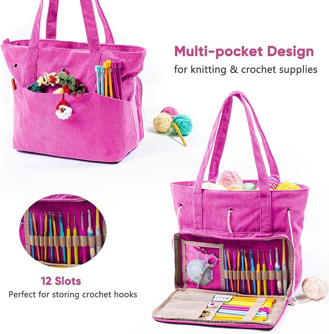 Large Corduroy Crochet Bag: Your Portable Yarn & Knitting Storage Solution.