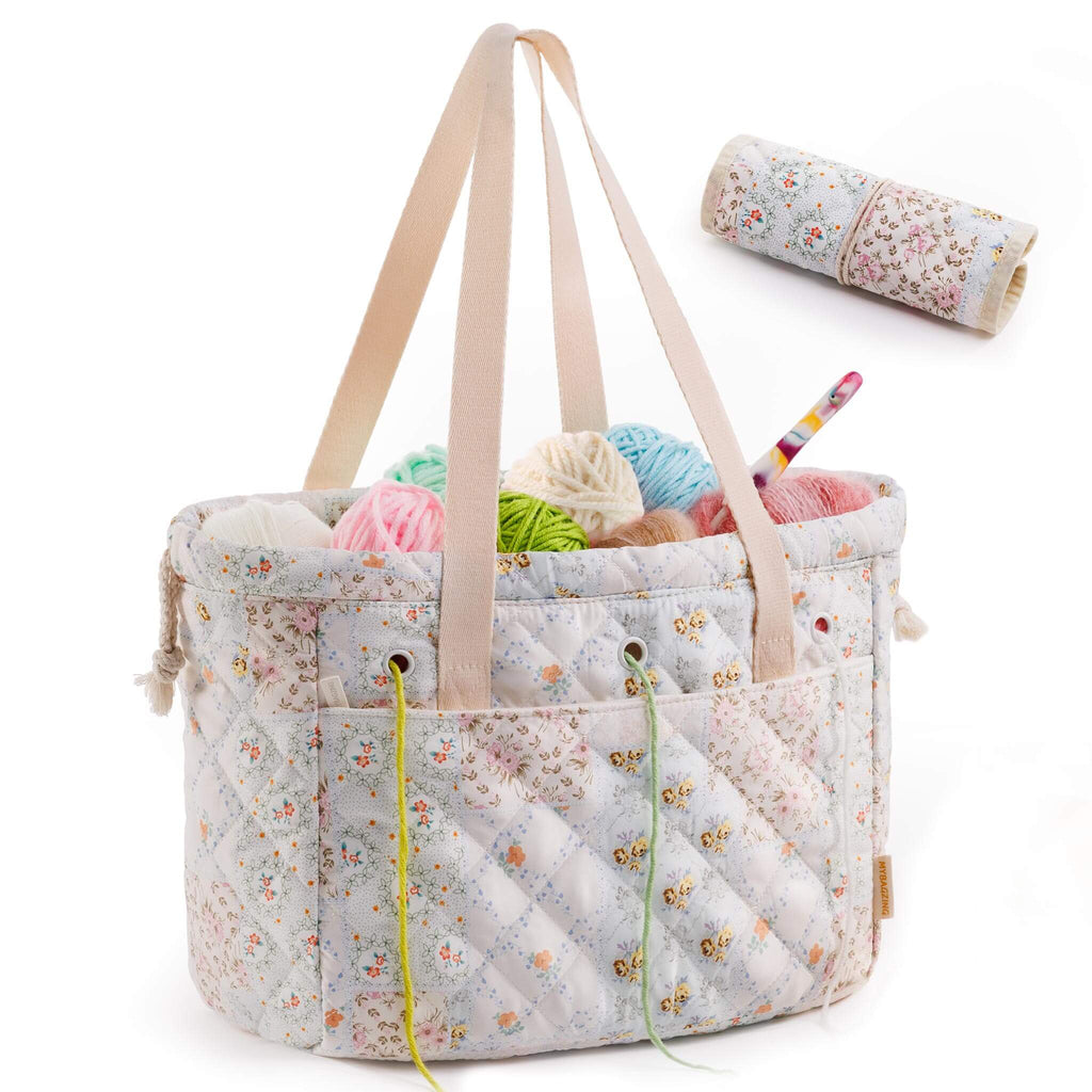 ZINGCRATER Floral Crochet Project Bag Set Blue Patchwork