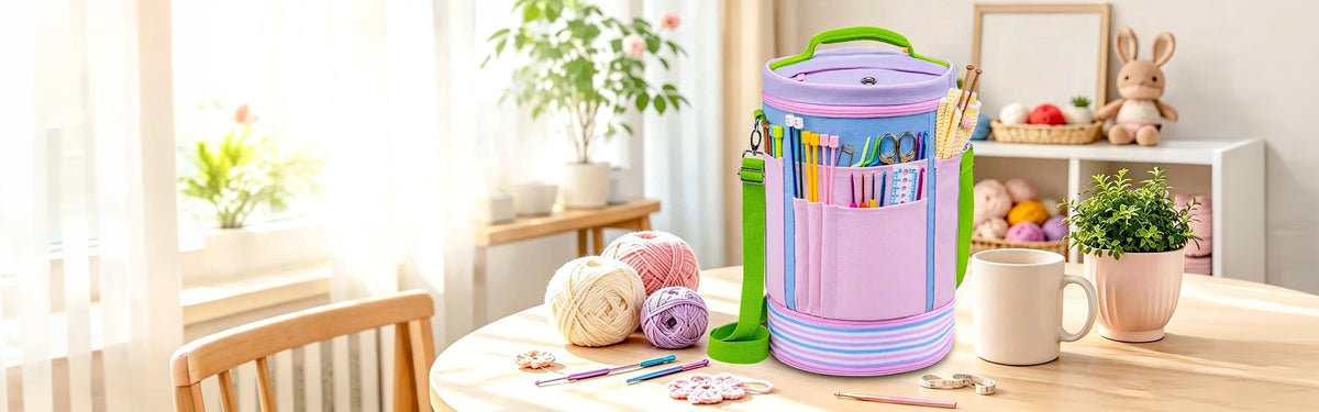 Purple crochet project organizer with yarn and tools in a bright creative workspace