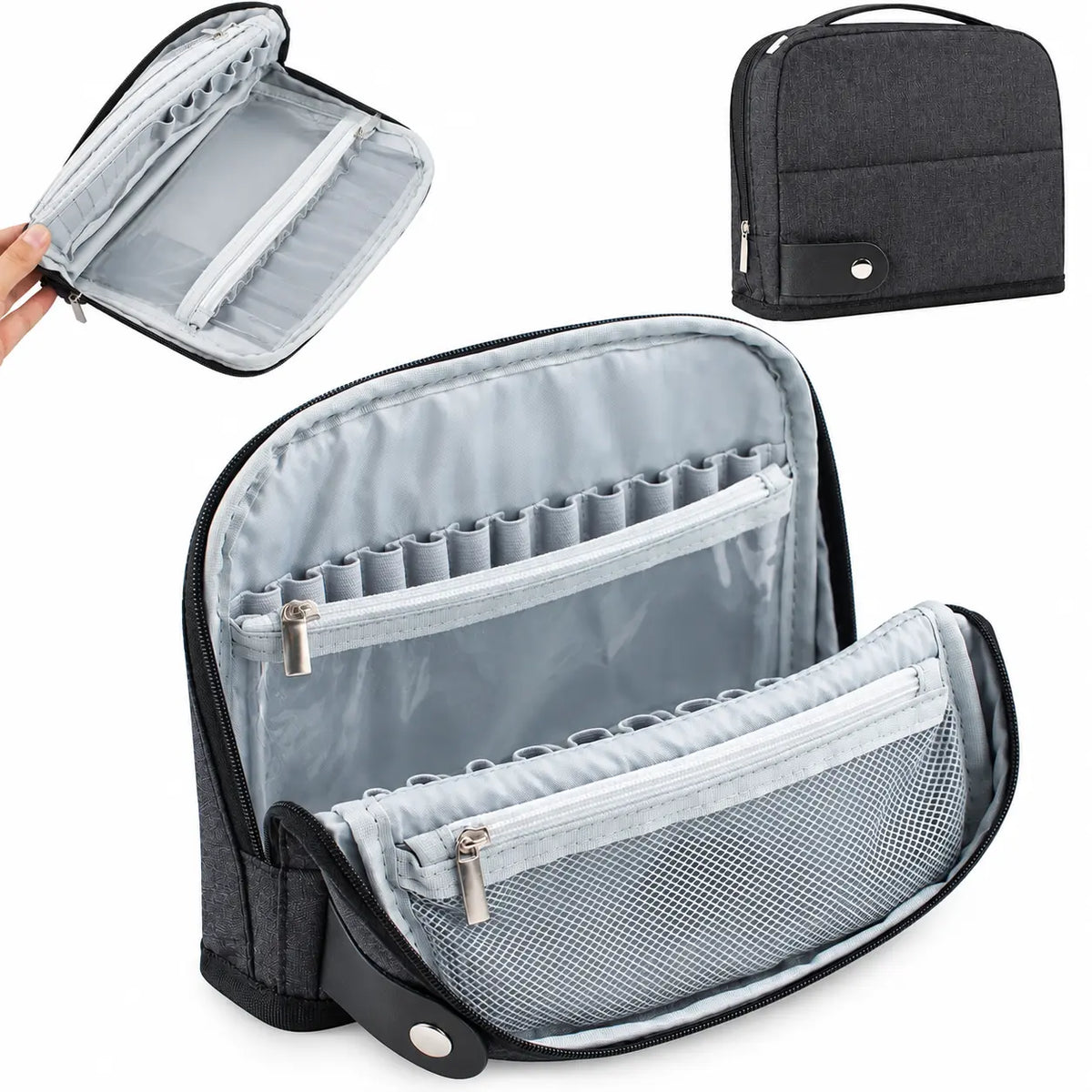 Black crochet hook case showing elastic hook slots, clear zipper compartment and mesh storage pocket