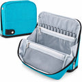 Blue crochet hook case showing empty hook slots, clear zipper pocket and mesh accessory compartment