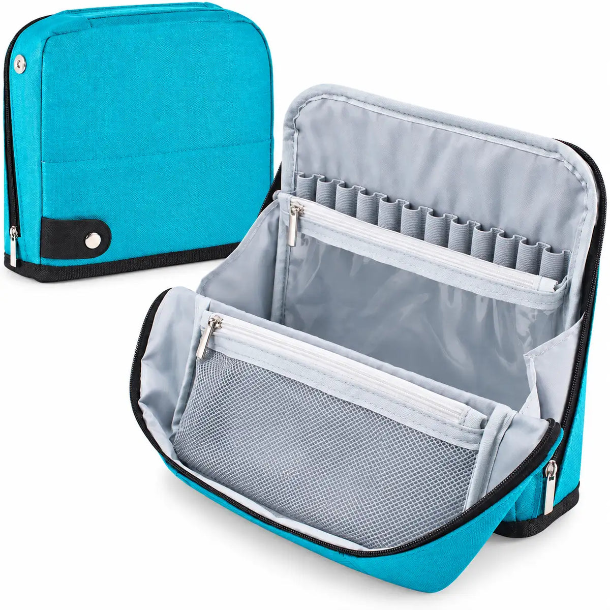 Blue crochet hook case showing empty hook slots, clear zipper pocket and mesh accessory compartment