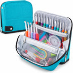 Blue crochet hook organizer case with multiple hook slots and pockets for crochet supplies, accessories not included