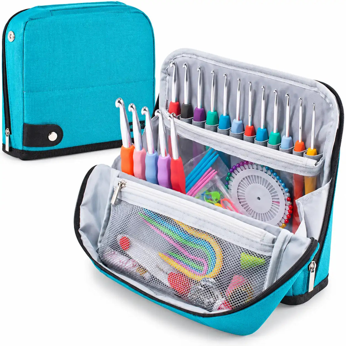 Blue crochet hook organizer case with multiple hook slots and pockets for crochet supplies, accessories not included