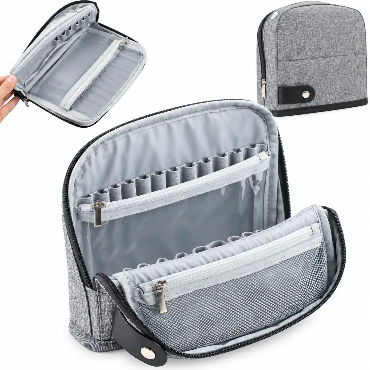 Gray crochet hook case with empty elastic hook slots, clear zippered pocket and mesh storage pocket