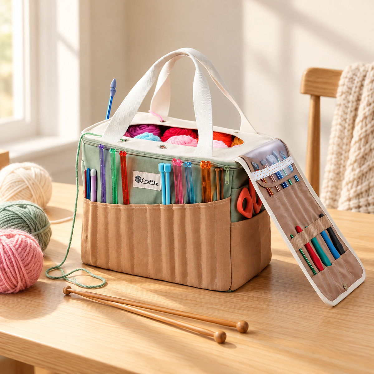 Knitting Bag & Yarn Storage Tote with Multiple Pockets