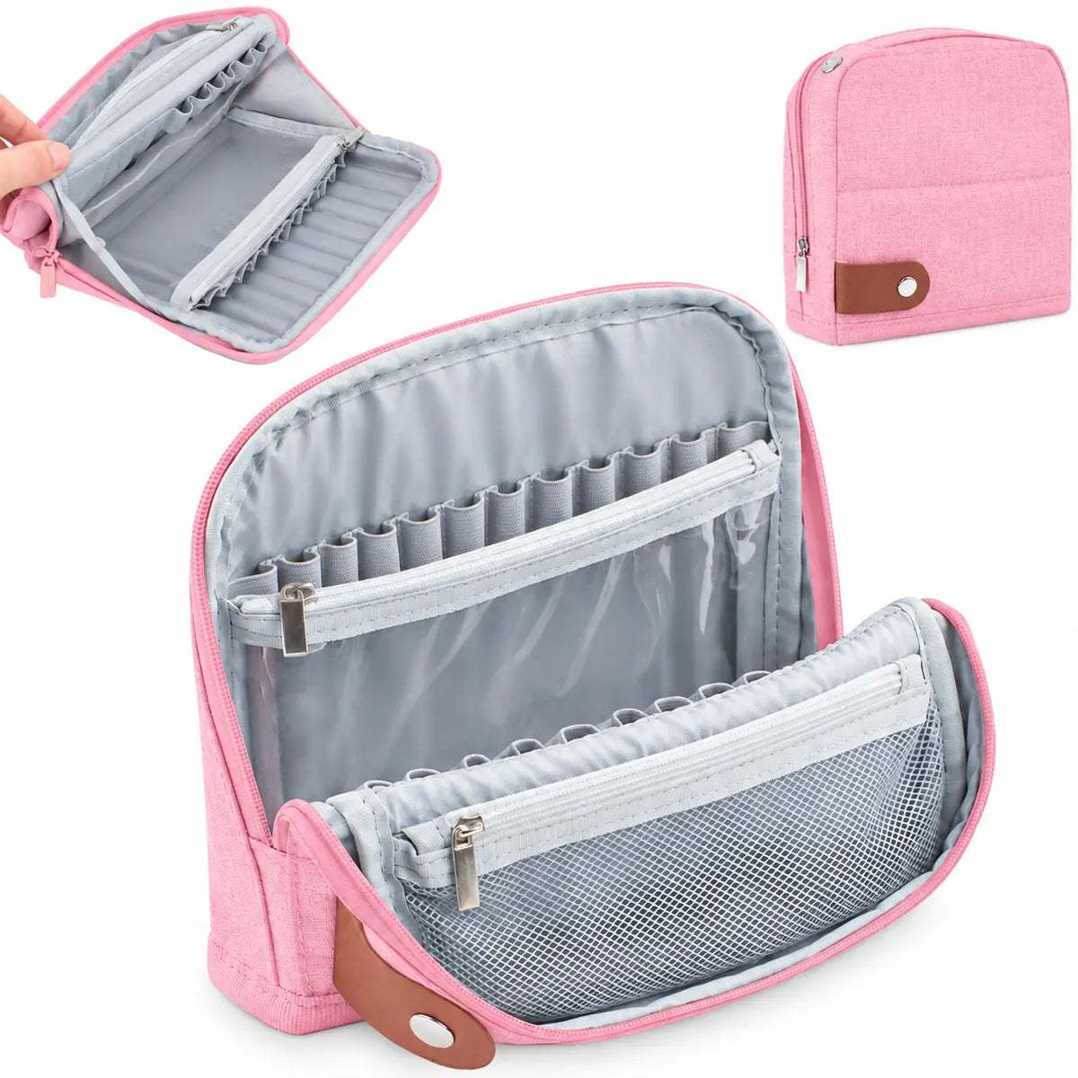 Light pink crochet hook case with empty hook slots, clear zipper pocket and mesh accessory storage