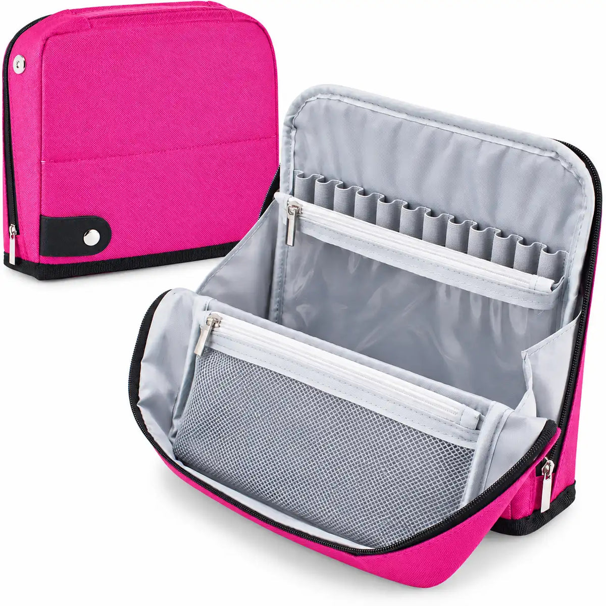 Pink crochet hook case with empty elastic slots, clear zipper pocket and mesh storage compartment