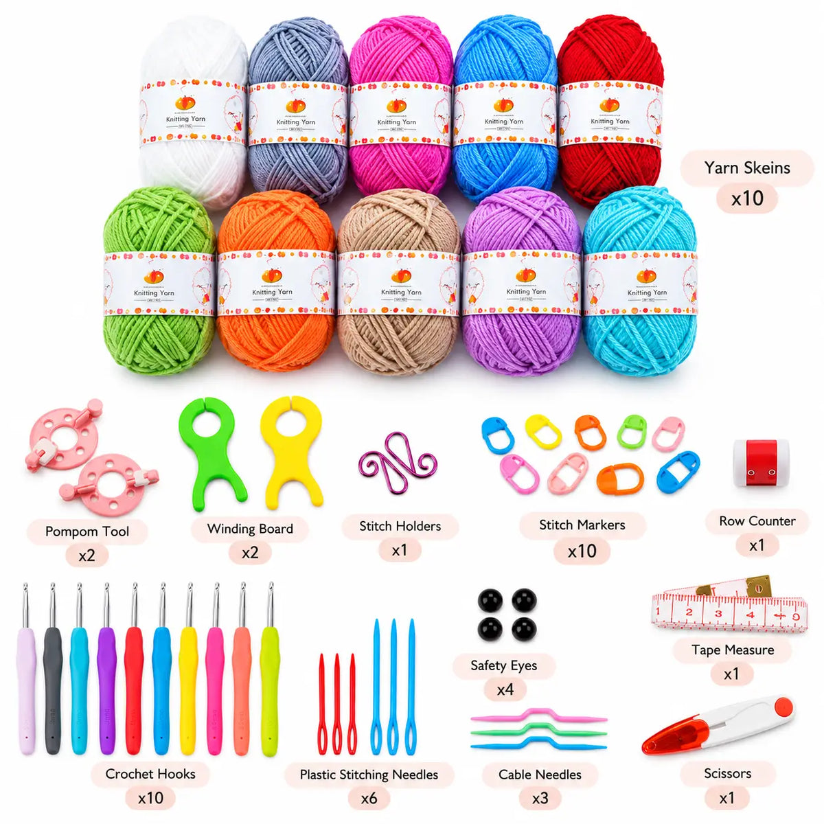 ZINGCRATER 58-piece crochet kit with 10 yarn skeins, 10 crochet hooks, stitch markers, needles, scissors, tape measure and crafting tools
