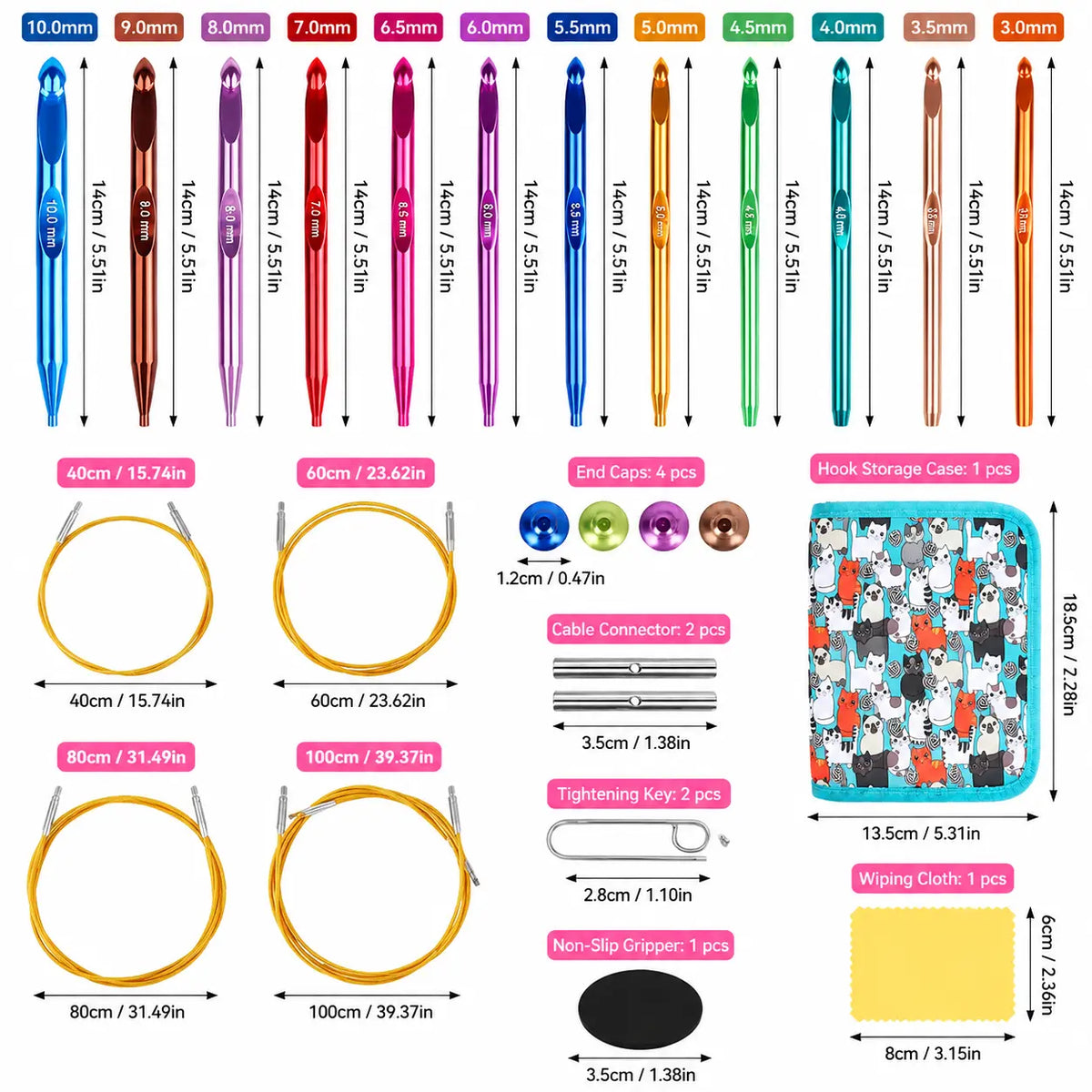 ZINGCRATER Afghan crochet hook set with 12 hook sizes, interchangeable cables, end caps, connectors and storage case