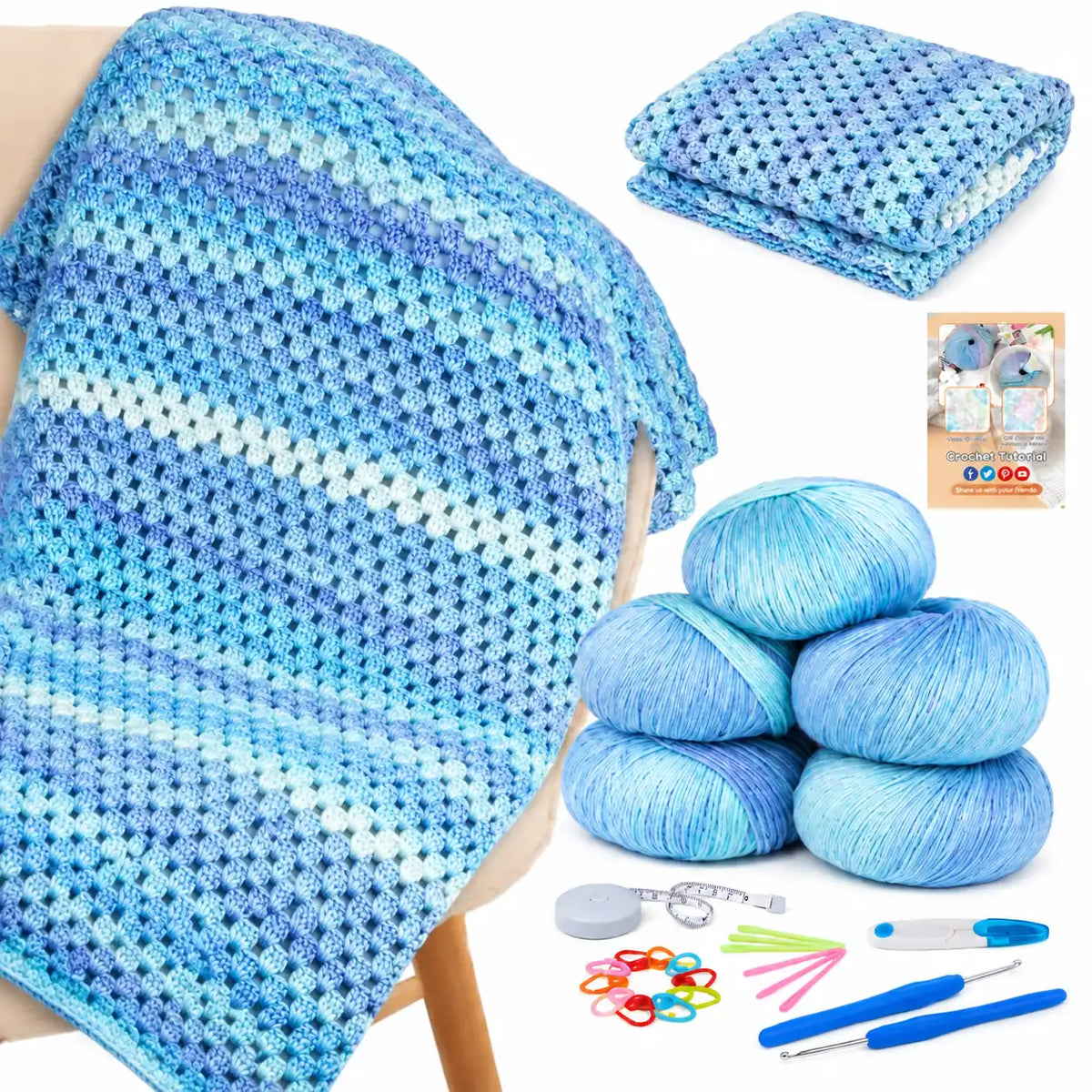 ZINGCRATER Aurora Blue Gradient crochet yarn kit with blue gradient yarn and crochet accessories, shown with a finished project