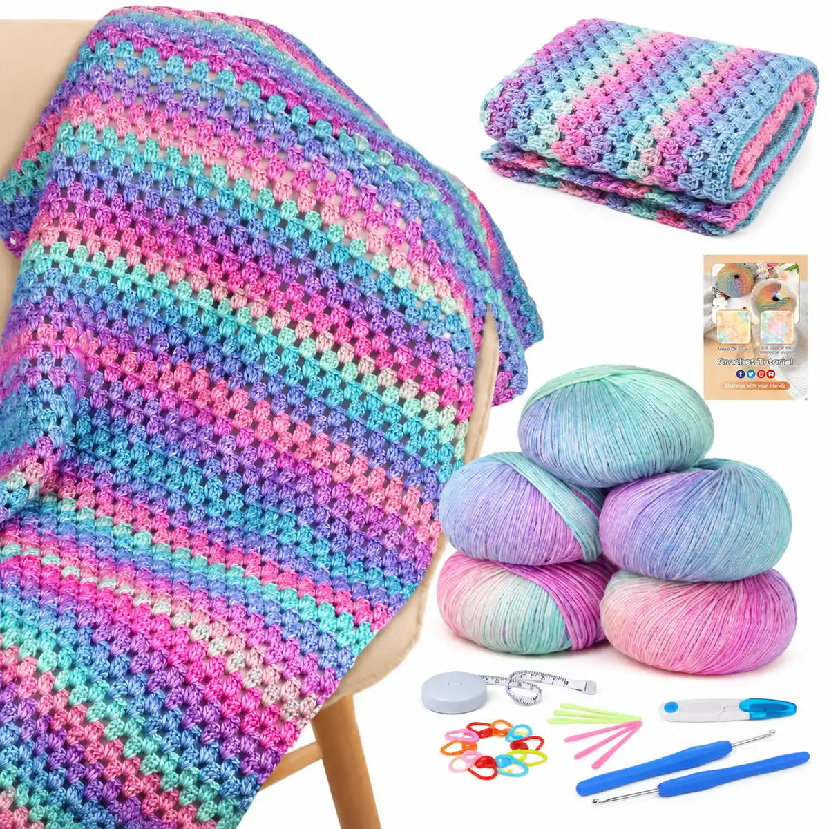ZINGCRATER Aurora Purple Gradient crochet yarn kit with gradient yarn and crochet accessories, shown with a finished project