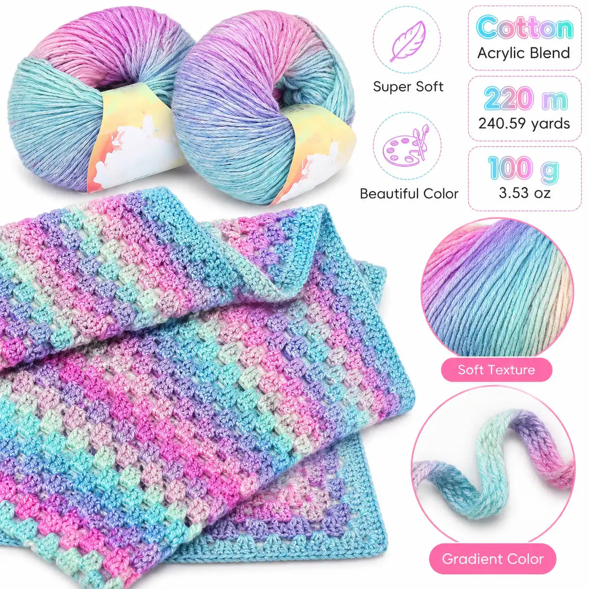 ZINGCRATER Aurora Purple Gradient soft crochet yarn in a cotton acrylic blend with smooth color transitions