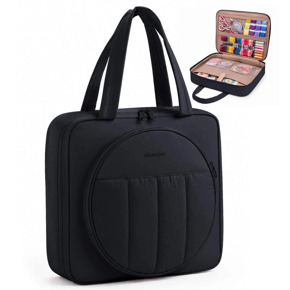 Zingcrater black embroidery storage bag with zippered compartments for embroidery floss and sewing tools