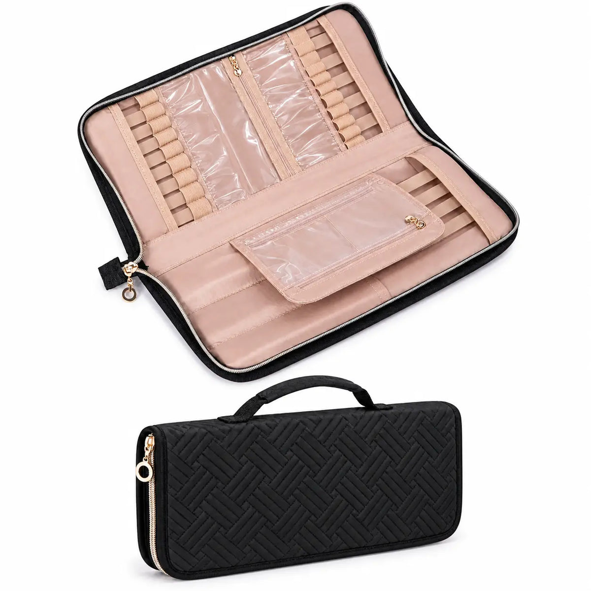 ZINGCRATER black knitting needle organizer shown open and closed with elastic loops and clear storage pockets
