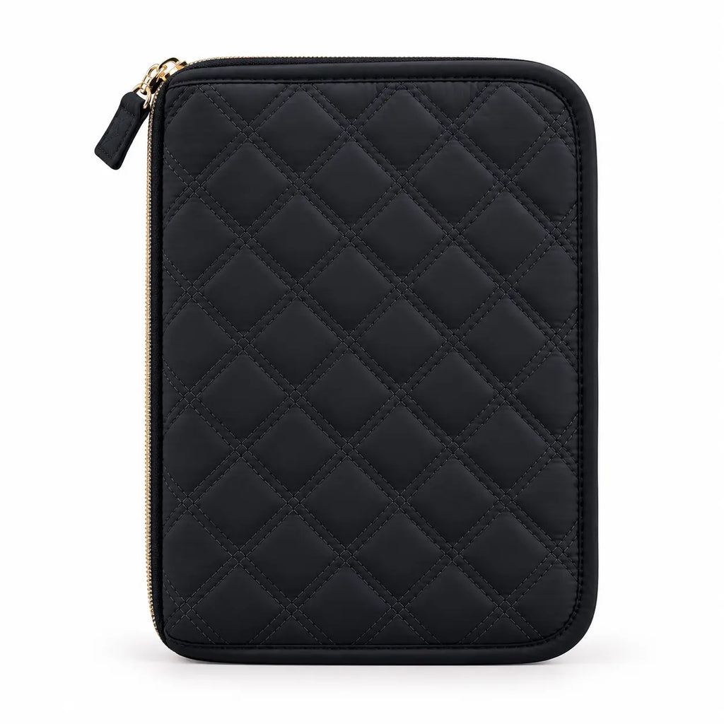 Back view of ZINGCRATER black quilted crochet hook case with diamond quilted exterior