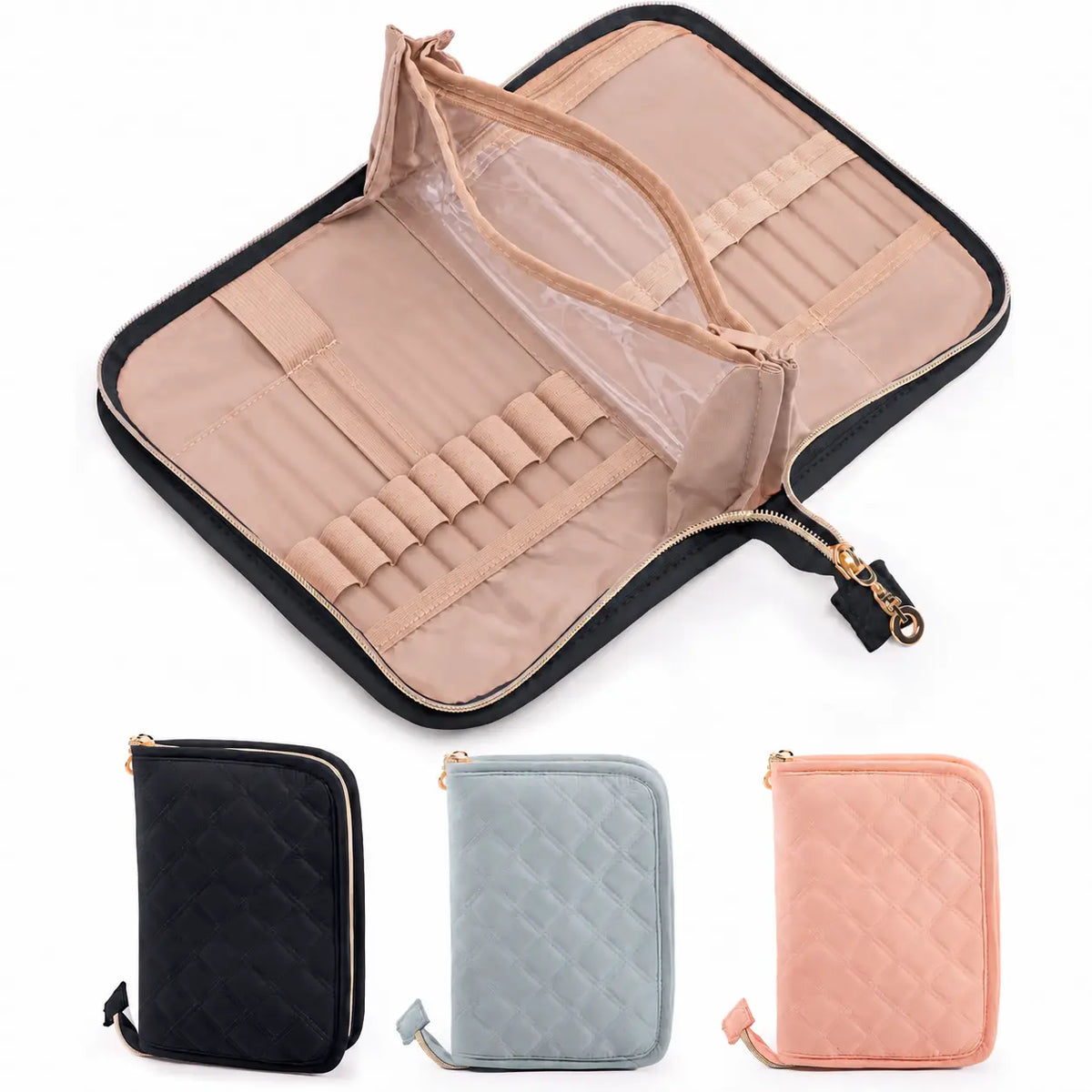 Empty interior view of ZINGCRATER black quilted crochet hook case showing elastic hook slots and clear zippered storage pockets