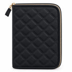 Front view of ZINGCRATER black quilted crochet hook case with gold zipper