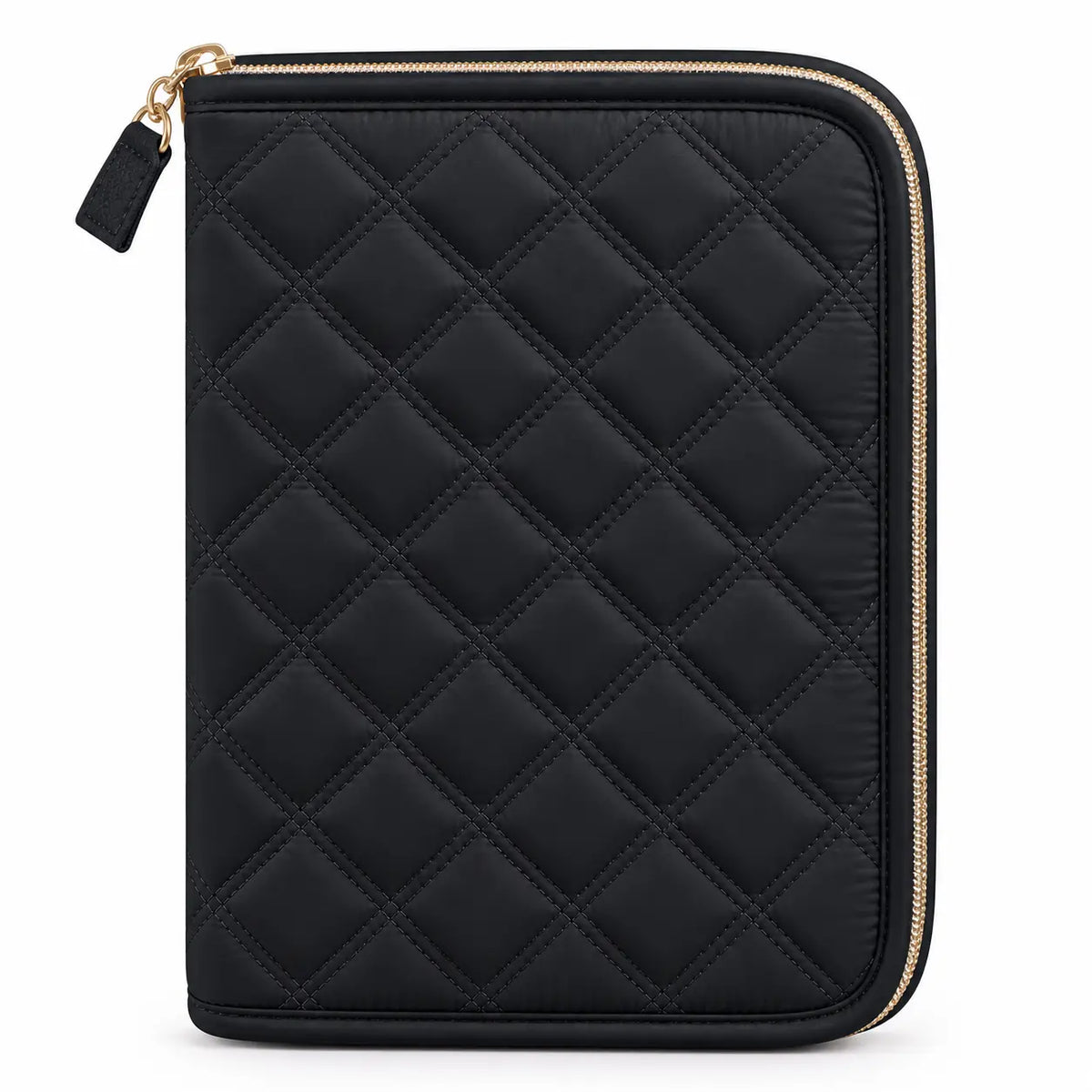 Front view of ZINGCRATER black quilted crochet hook case with gold zipper