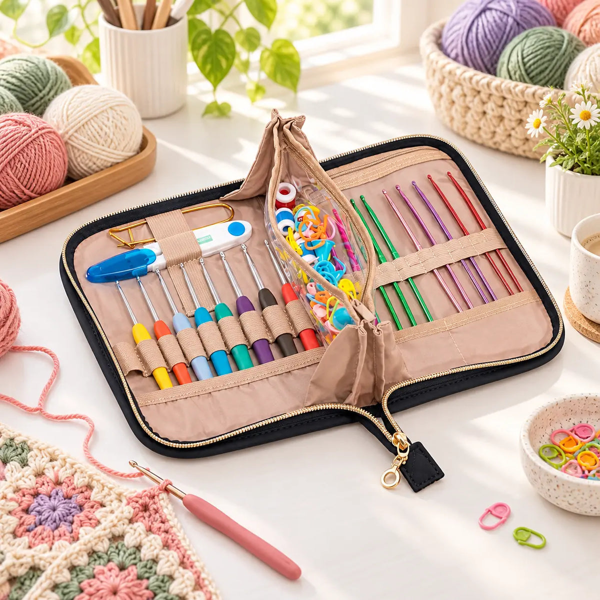 ZINGCRATER black quilted crochet hook case displayed on a bright crochet craft table