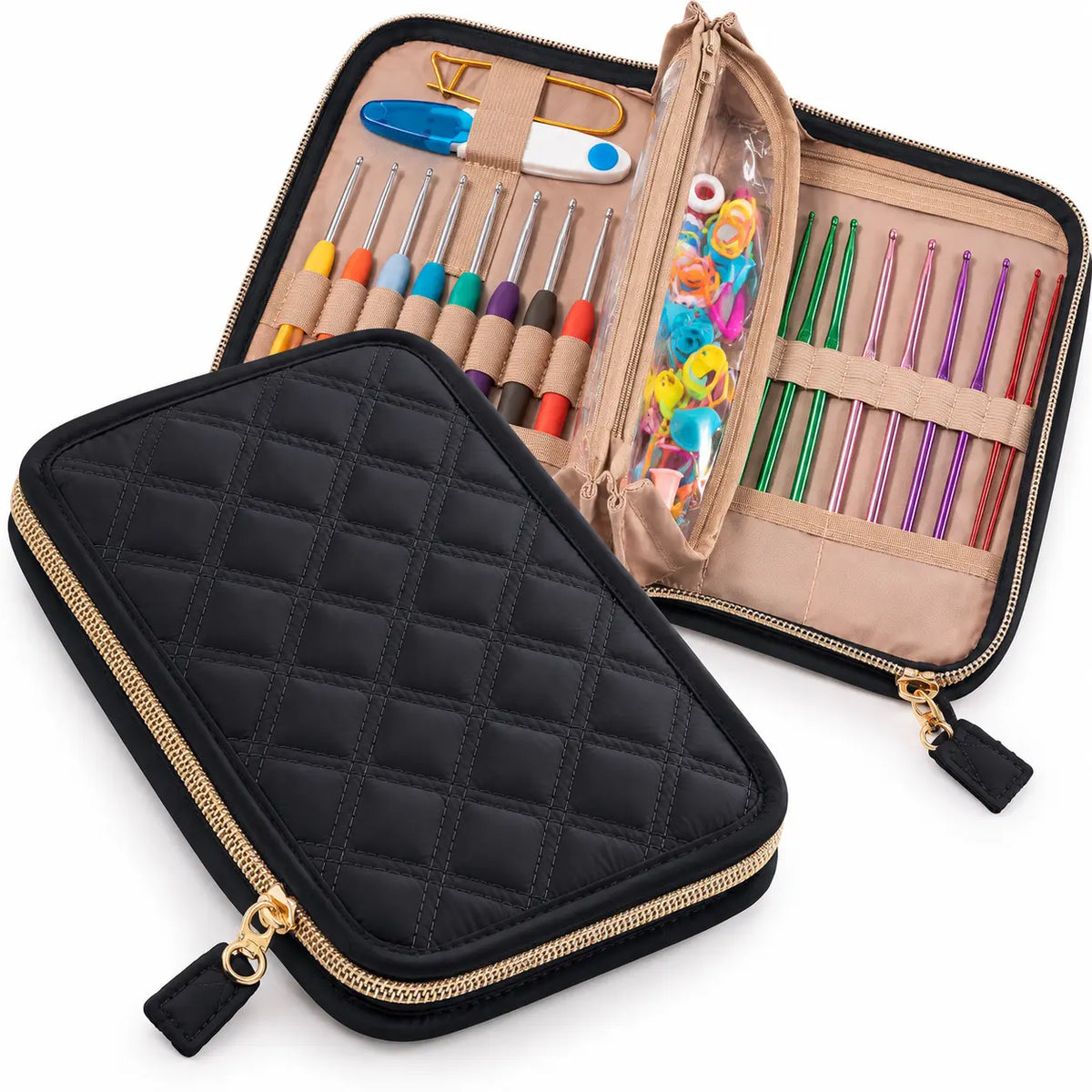 ZINGCRATER black quilted crochet hook organizer with crochet hooks and small accessories neatly stored inside